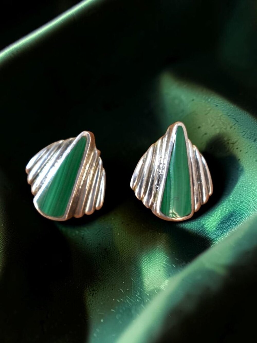 Vintage Sterling Silver Inlaid Green Malachite Earrings by Jorgen O. Anderson